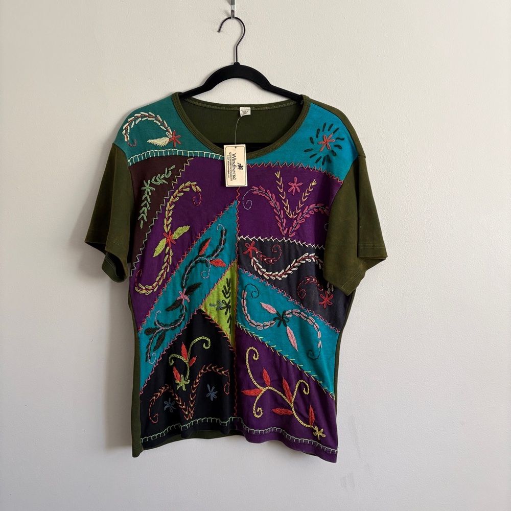Nepal Women’s Patchwork Cotton Short Sleeve Top Size XL Embroidered Whimsical